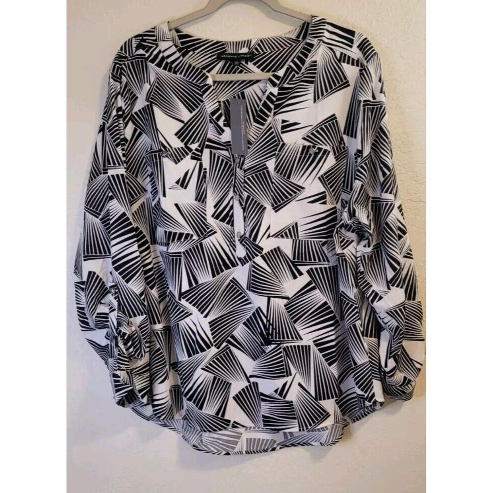 Adrienne Vittadini Womens Black And White Long Adjustable Sleeve Blouse Size 2XL